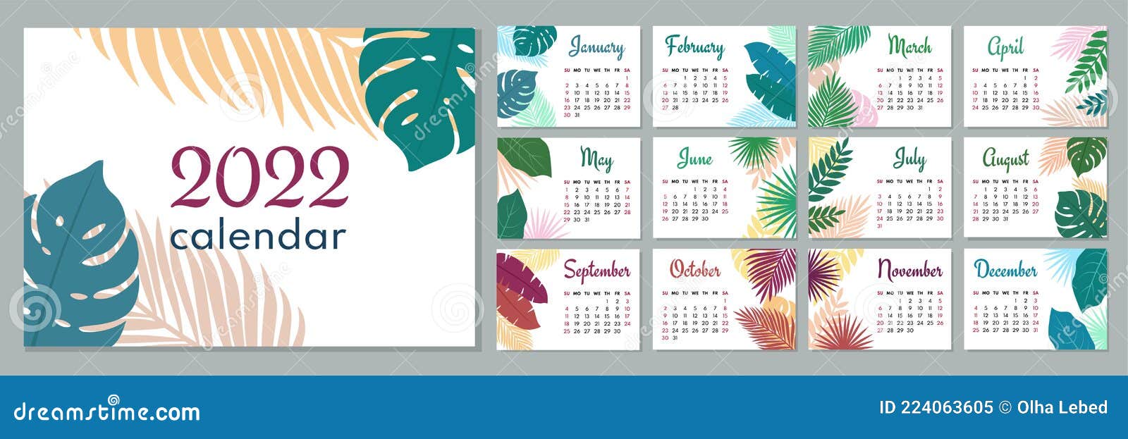 Free Downloadable Calendar 2022 2022 Calendar Template. Calendar Concept Design With Leaves. Week Starts On  Sunday. Set Of 12 Months 2022 Pages. Stock Vector - Illustration Of Annual,  Colorful: 224063605