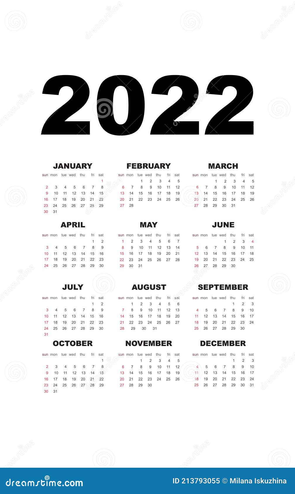 Calendar For 2022 Calendar Template Design In Black And White Colors Holidays In Red Colors Stock Vector Illustration Of Month Office 213793055