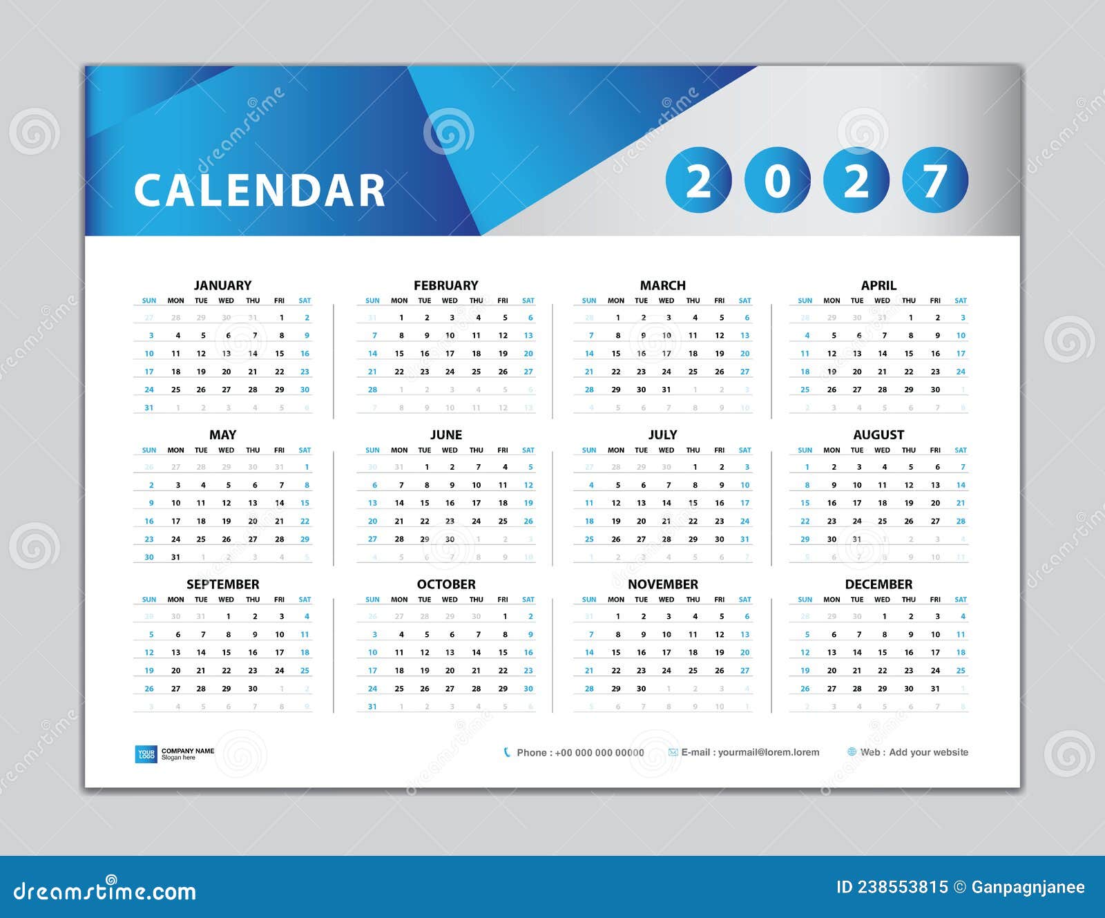 Calendar 2027 Template, Desk Calendar 2027 Design, Wall Calendar 2027