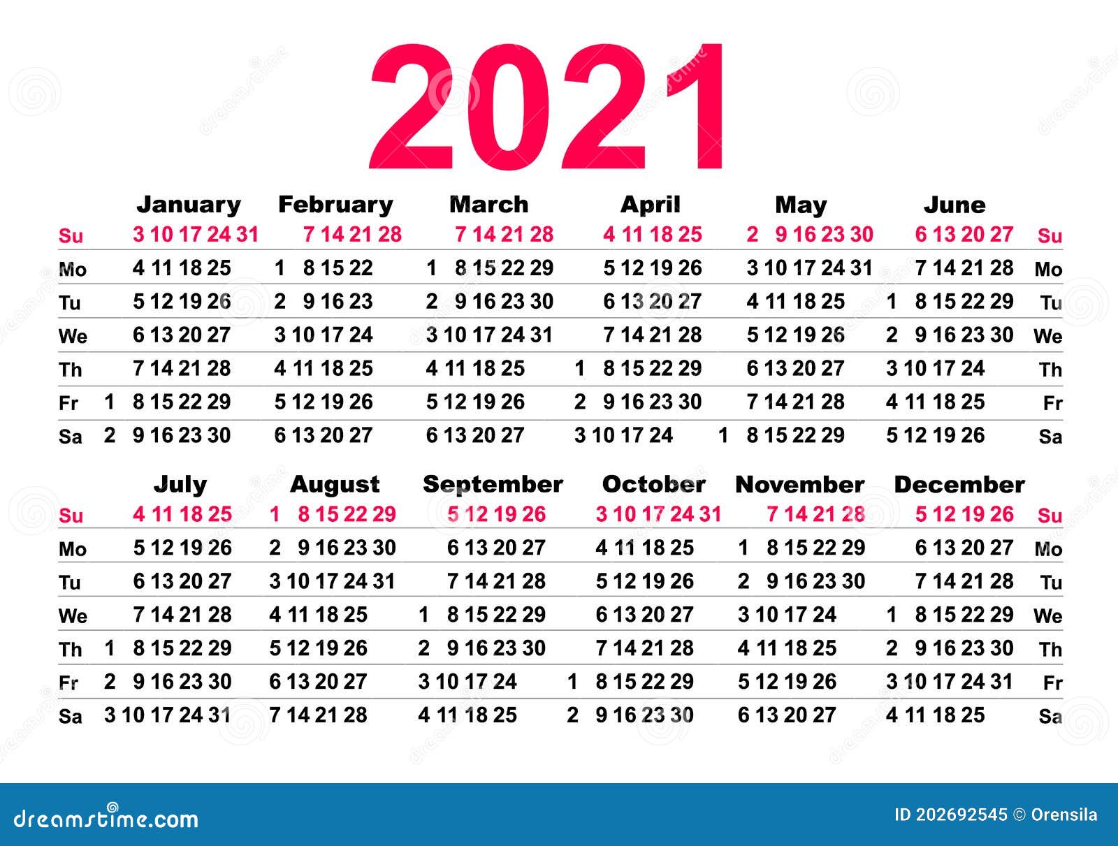 Calendar 2021 Template Grid Sunday First Day of Week Stock Vector