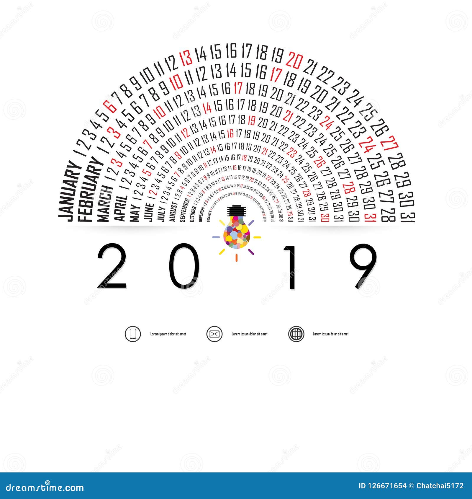 2019 Calendar Template with Idea Light Bulb Icon.Semicircle Calendar