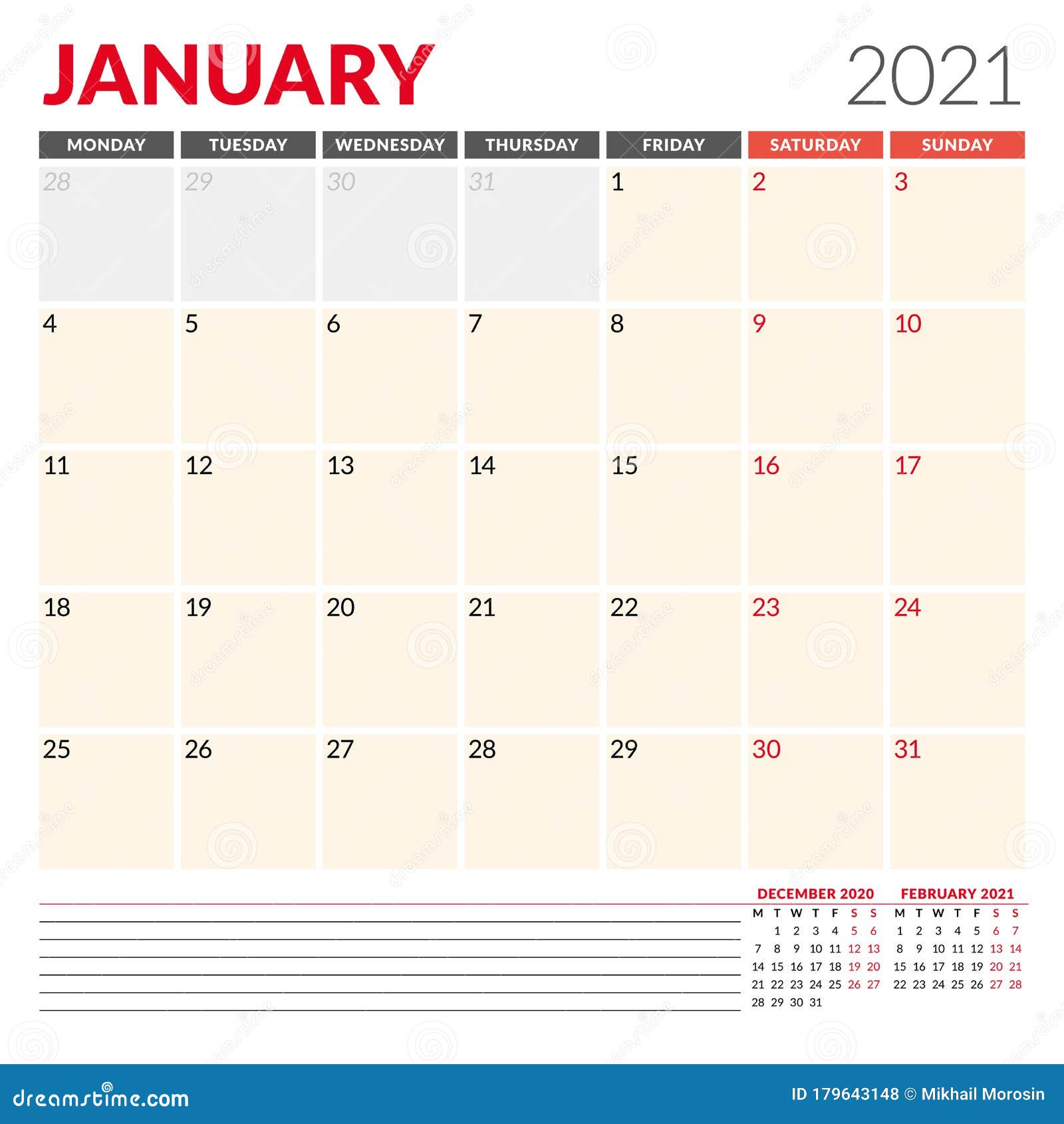 Calendar Template For January 2021 Business Monthly Planner