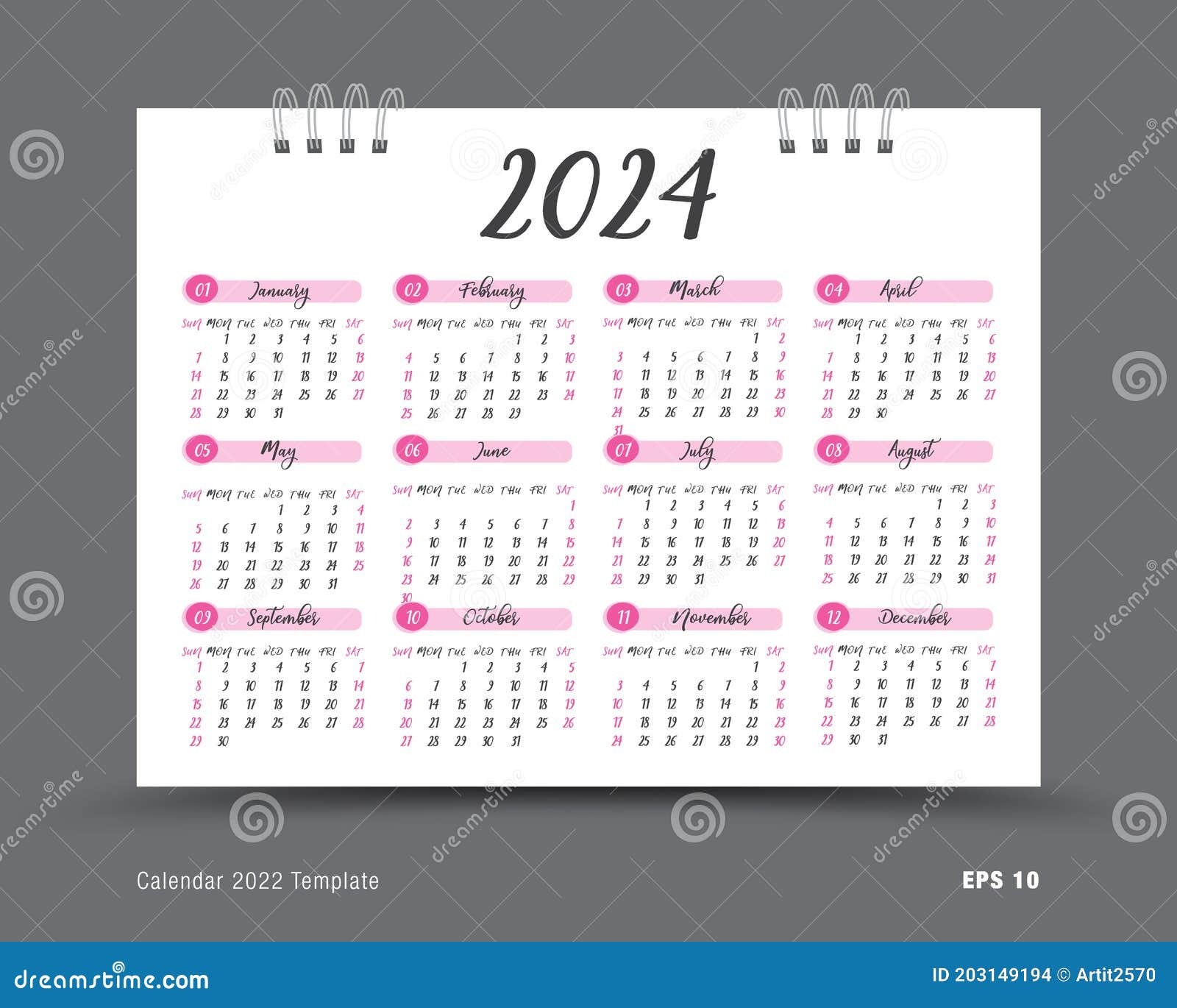 Calendar 2024 Template Layout, 12 Months Yearly Calendar Set in 2024
