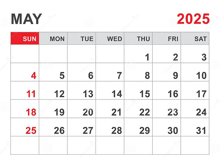 Calendar 2025 Template, May 2025 Layout, Printable Minimalist Monthly