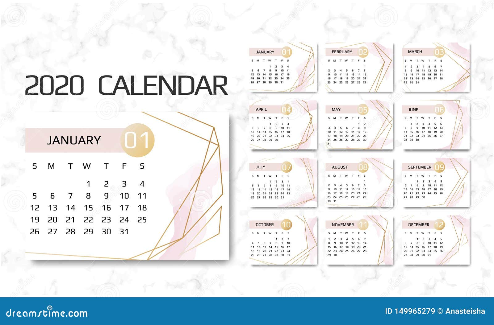 calendar 2020 template 12 months design with geometrical قالب تقویم 12 هفته