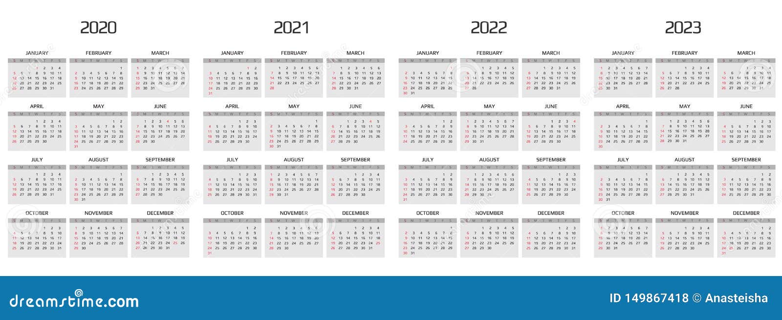 Calendar 2020 2021 2022 2023 Template 12 Months Include Holiday