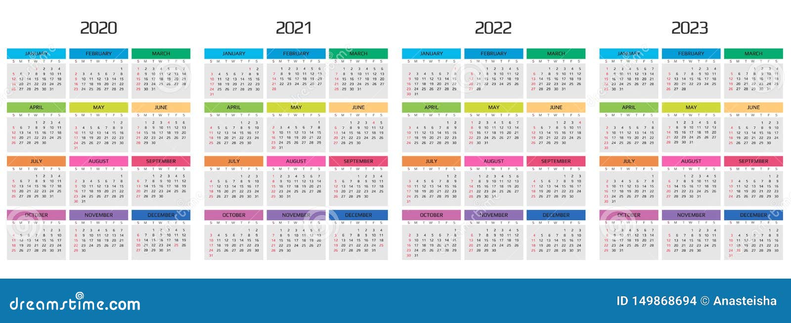 Calendar 2020 2021 2022 2023 Template 12 Months Include Holiday