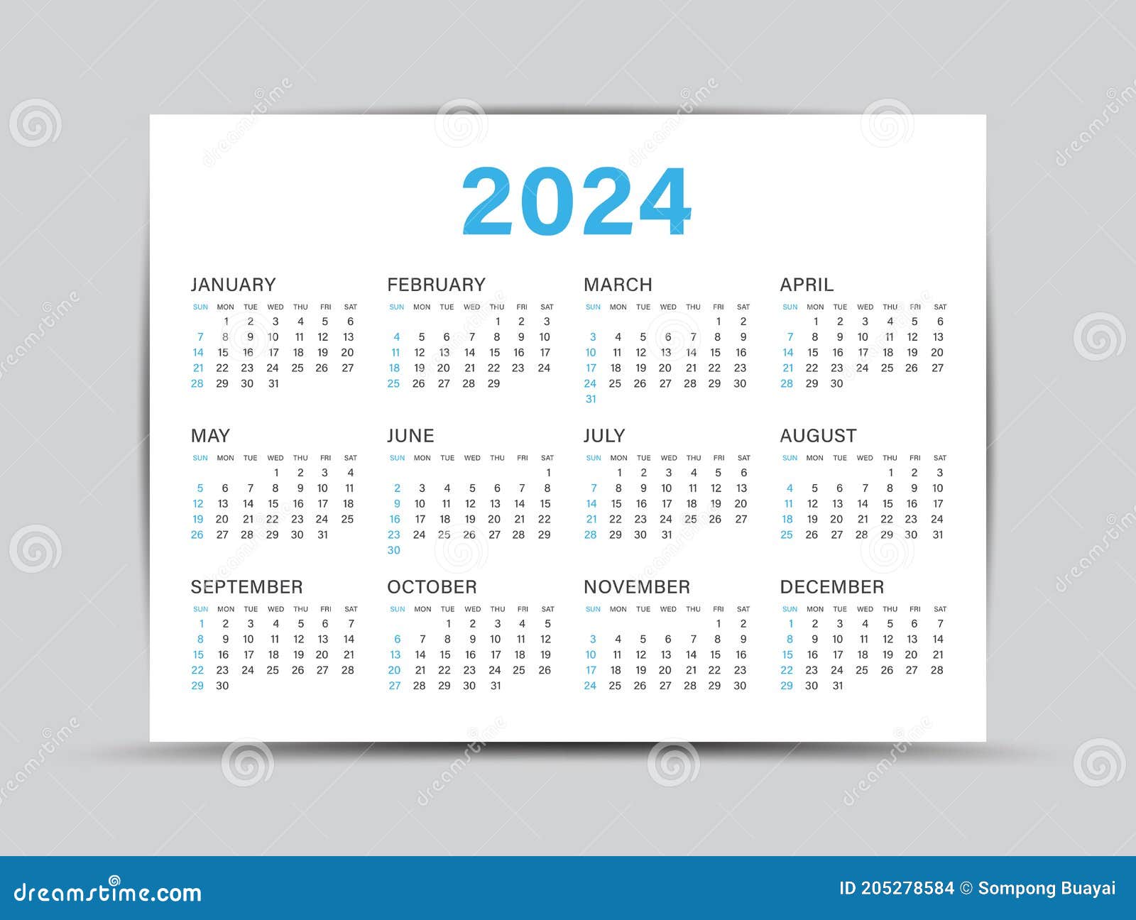 Calendar 2024 Template 12 Months Yearly Calendar Set in 2024, Planner
