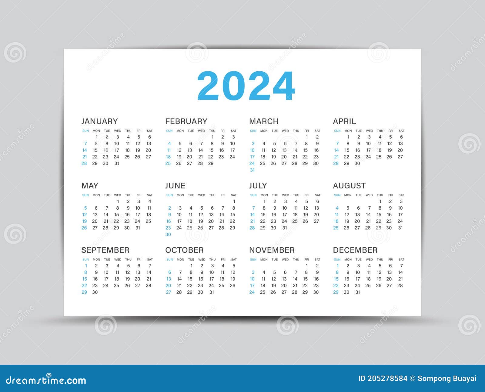 Calendar 2024 Template - 12 Months Yearly Calendar Set in 2024, Planner