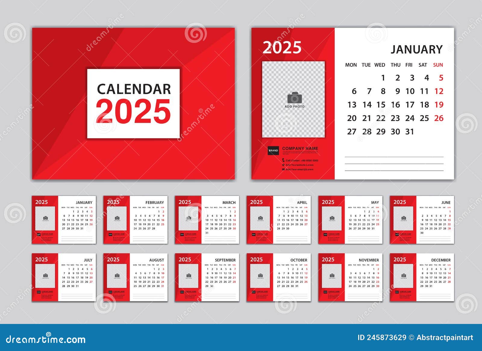 Calendar 2025 Template and Red Cover Design, Desk Calendar 2025 Year