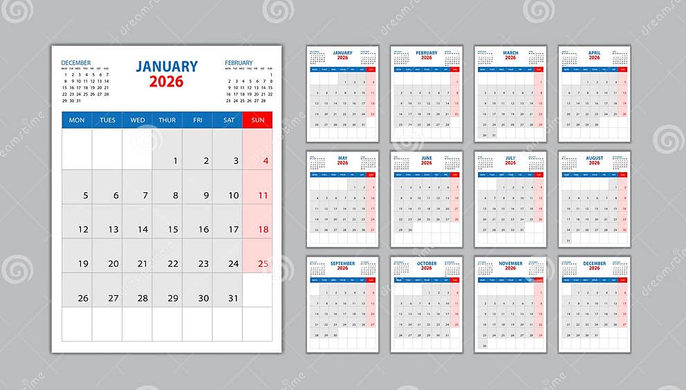 Calendar 2026 Template Set on Blue Background, Desk Calendar 2026 ...