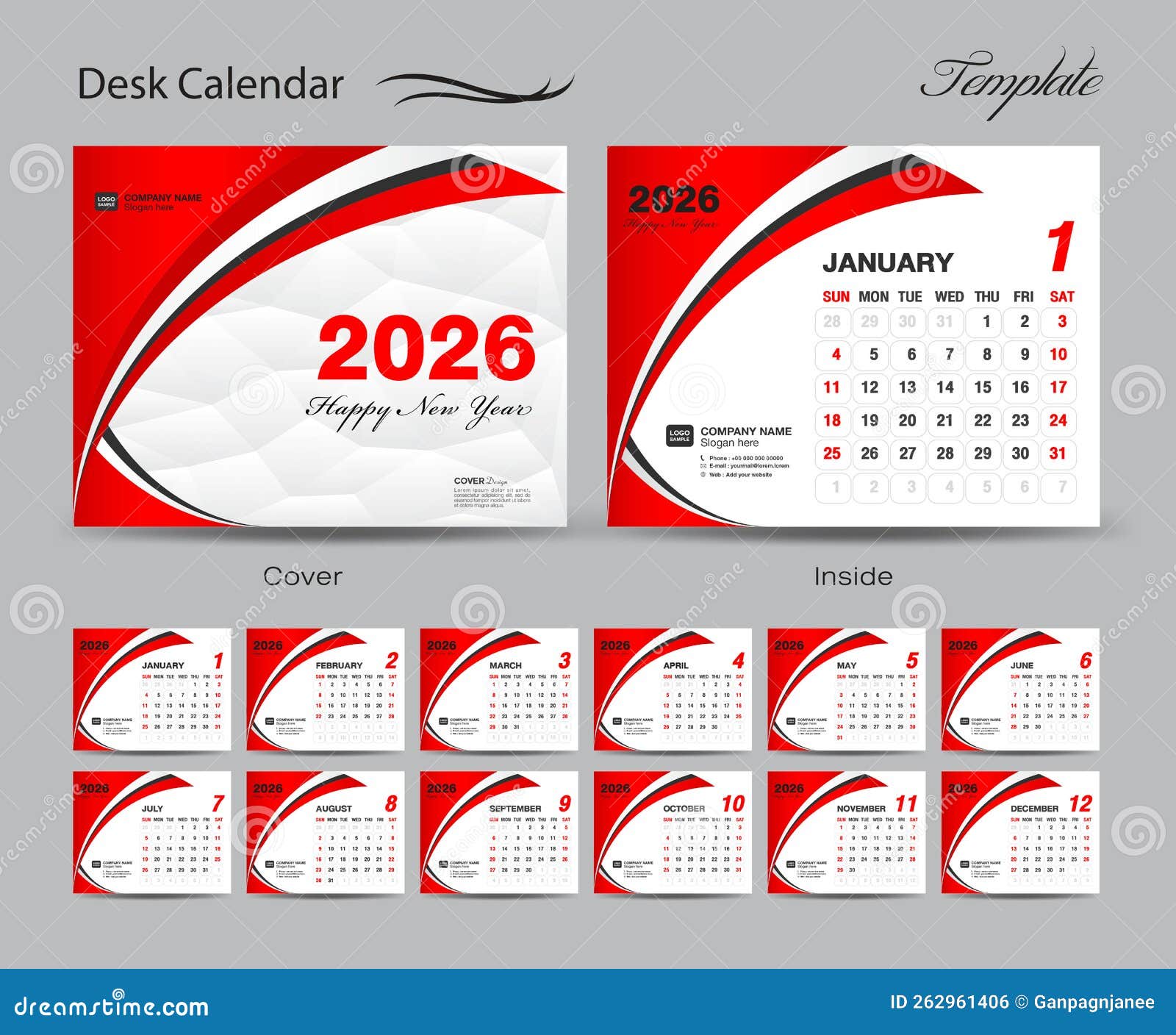 Calendar 2026 Template Set Vector, Week Starts Sunday, Set of 12 Month, Desk Calendar 2026 Year 