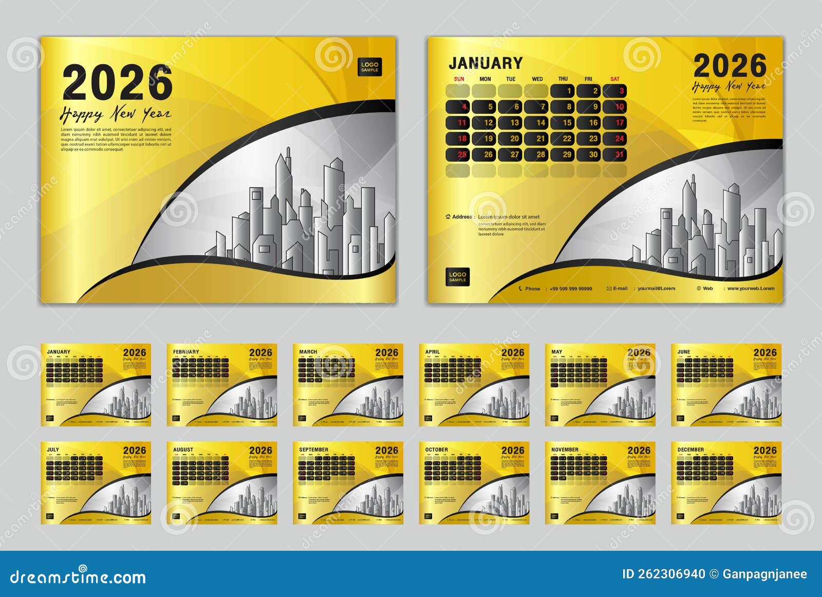 Calendar 2026 Template Set Vector, Week Starts Sunday, Set of 12 Month Calendar 2026 Template Set Vector, Week Starts Sunday, Set of 12 Month