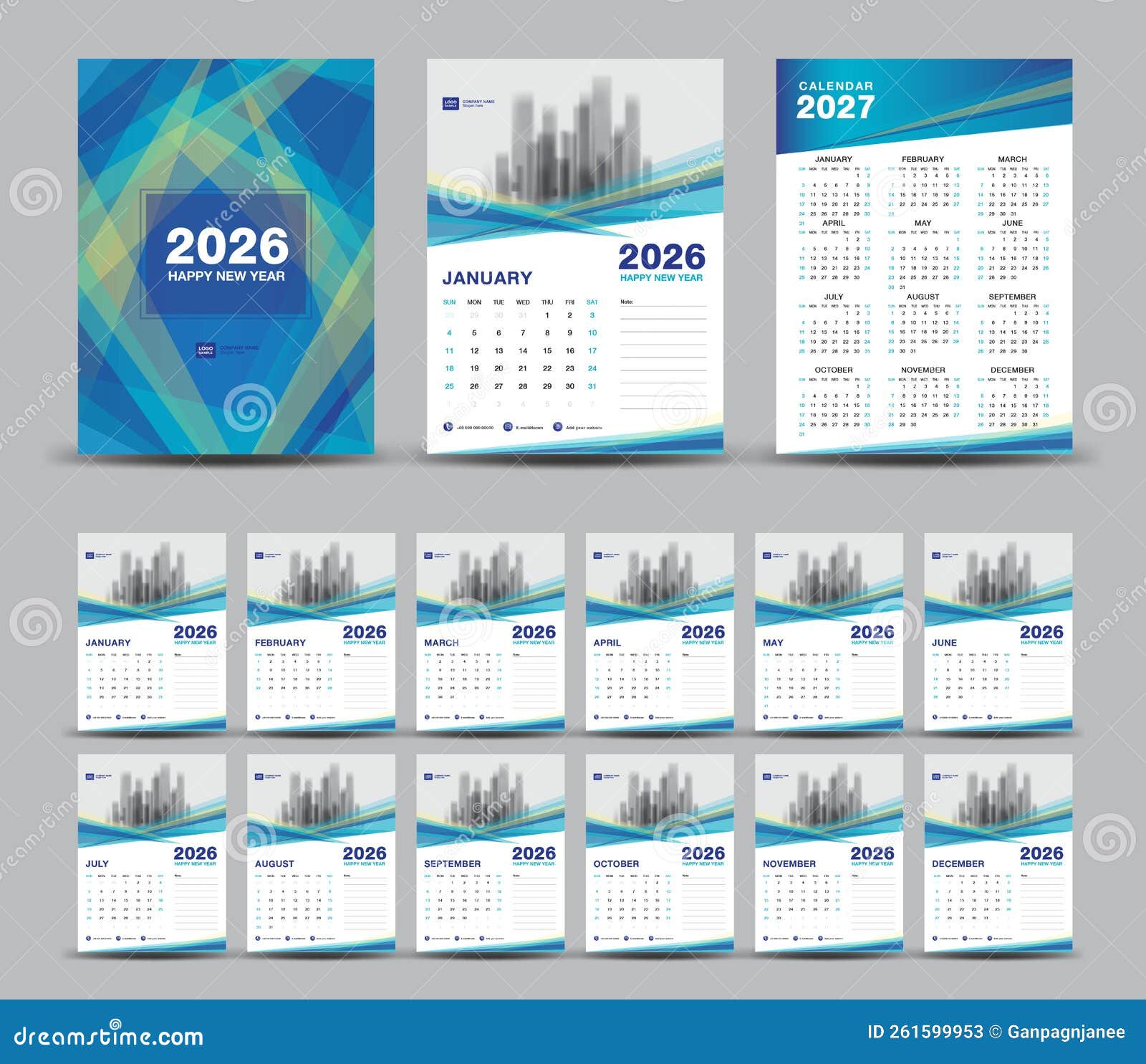 Calendar 2026 Template Set and 2027 Year Minimal Blue Background, Wall Calendar 2026, Desk 