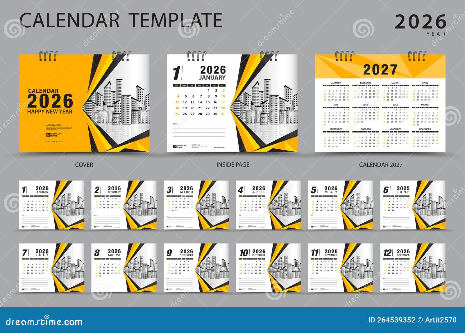 Calendar 2026 Template Set and 2027 Year, Set of 12 Months, Desk