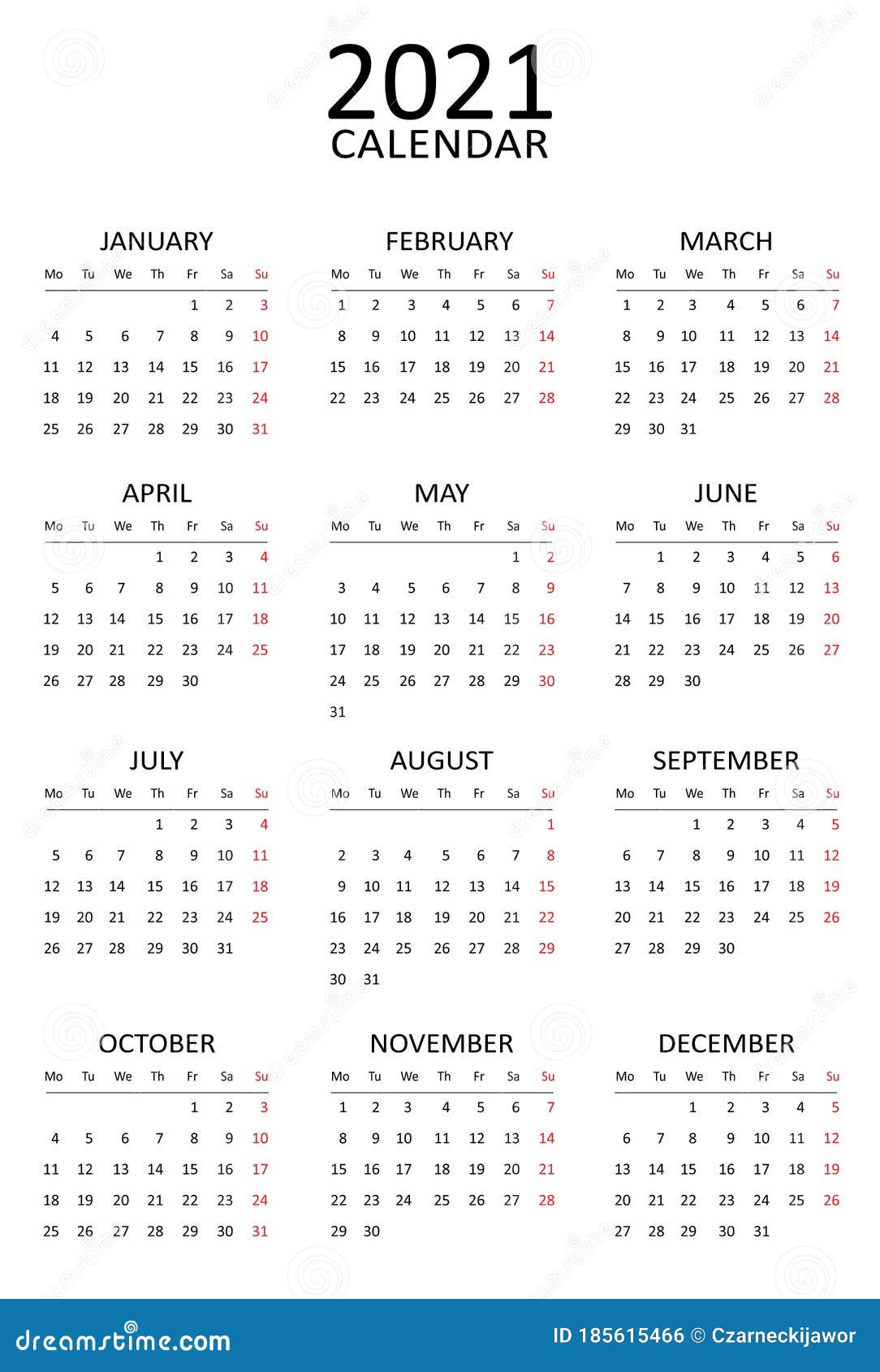 20 Calendar Template. Simple Black and White Design. Week Starts ...