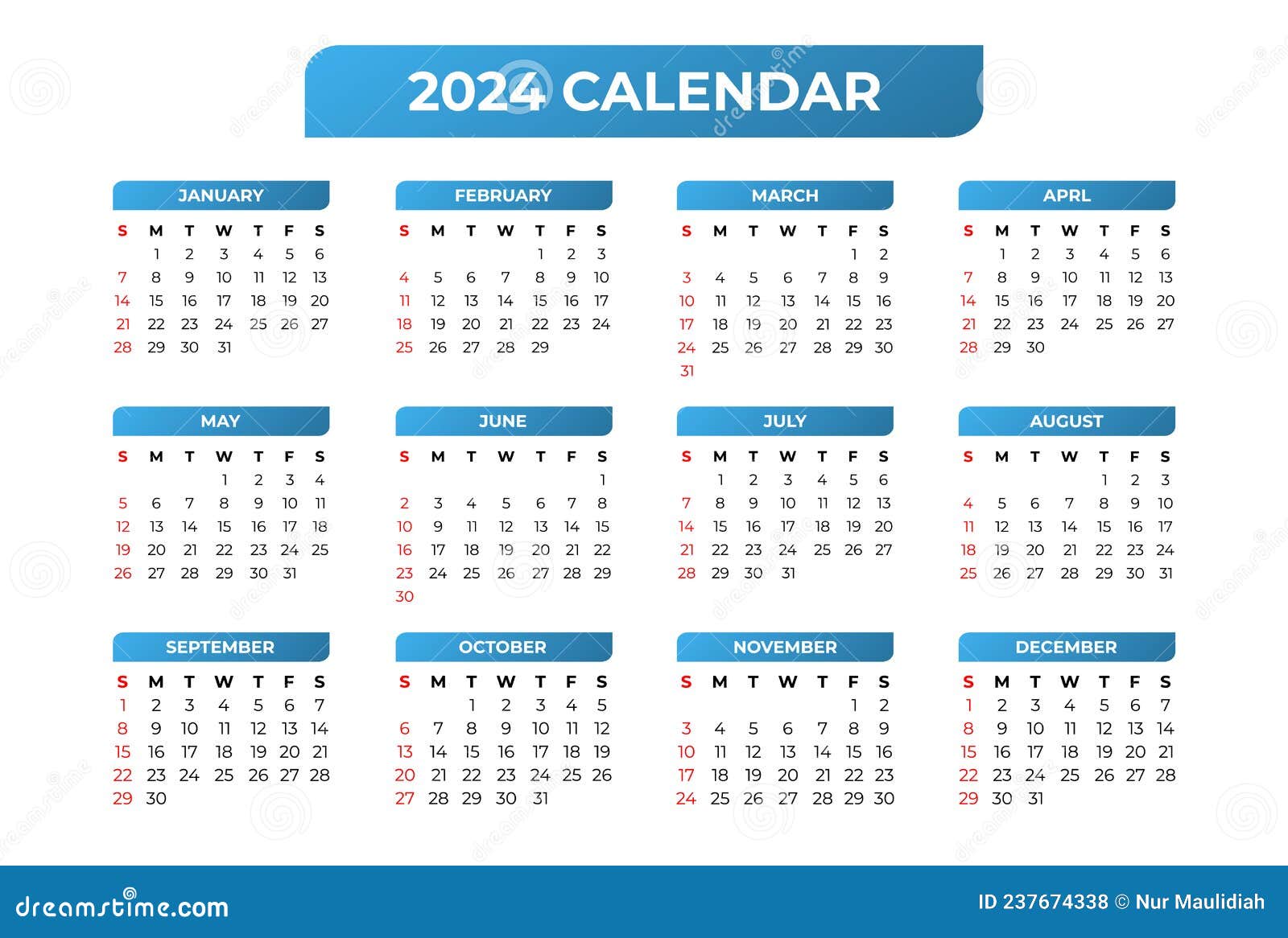 2024 Calendar Template in White Background Stock Vector Illustration