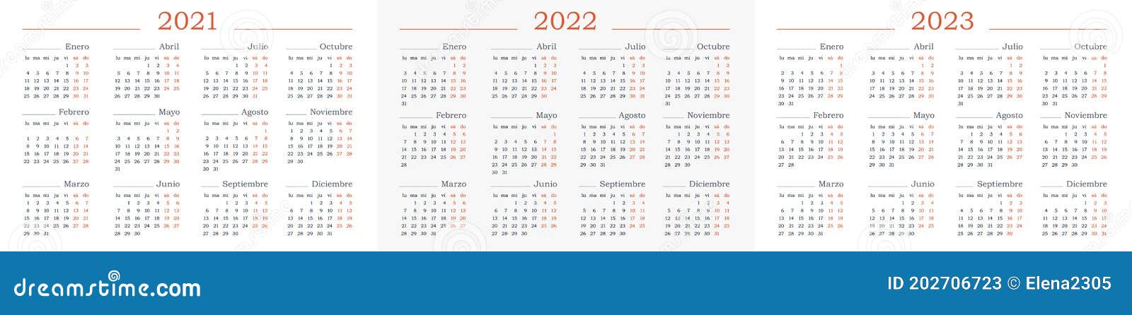 calendar 2021, 2022, 2023 in spanish. stock 