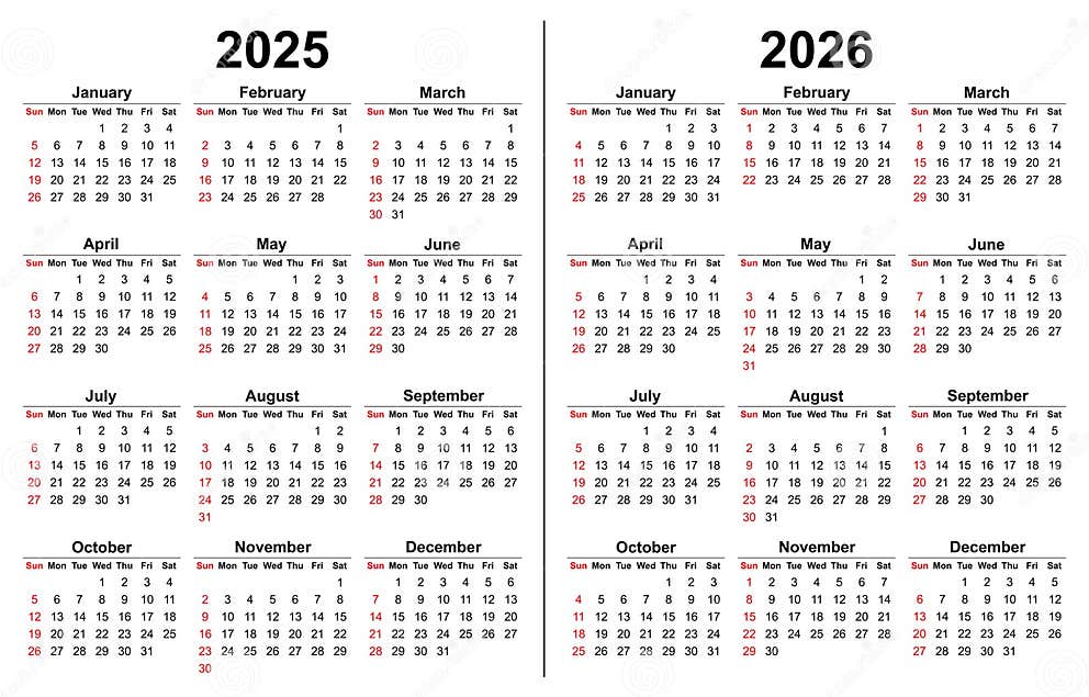 2025 and 2026 Calendar Template Vector Illustration Stock Illustration