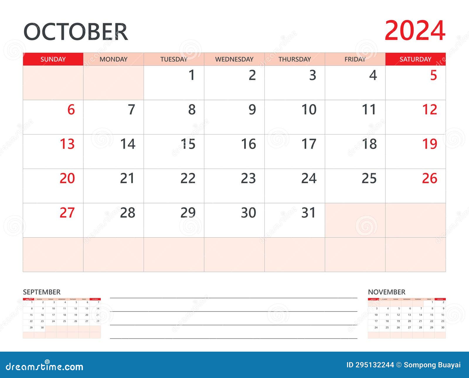 Calendar 2024 Template Vector on Red Background, October 2024 Template