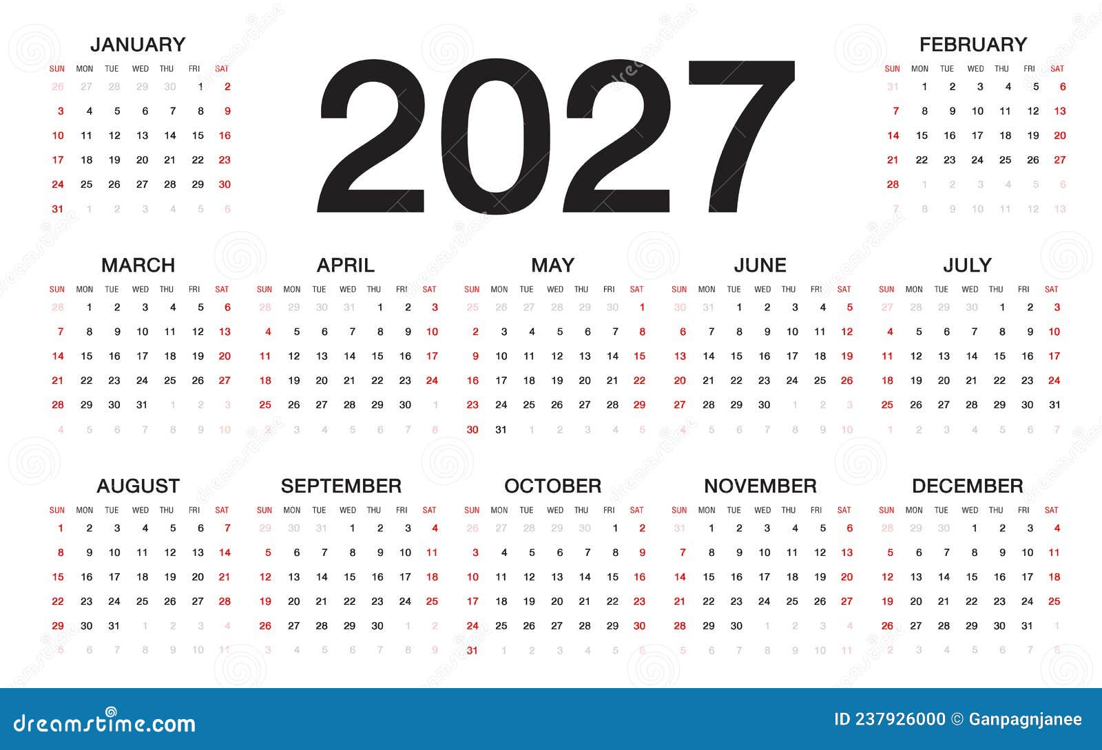 Calendar 2027 Template Vector. Set of 12 Months Calendar 2027 Year for