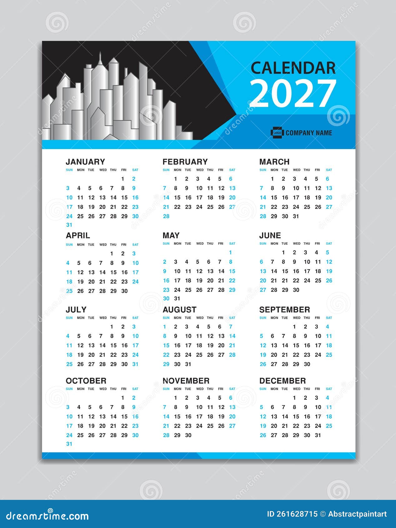 Calendar 2027 Template, Wall Calendar 2027 Year, Desk Calendar 2027