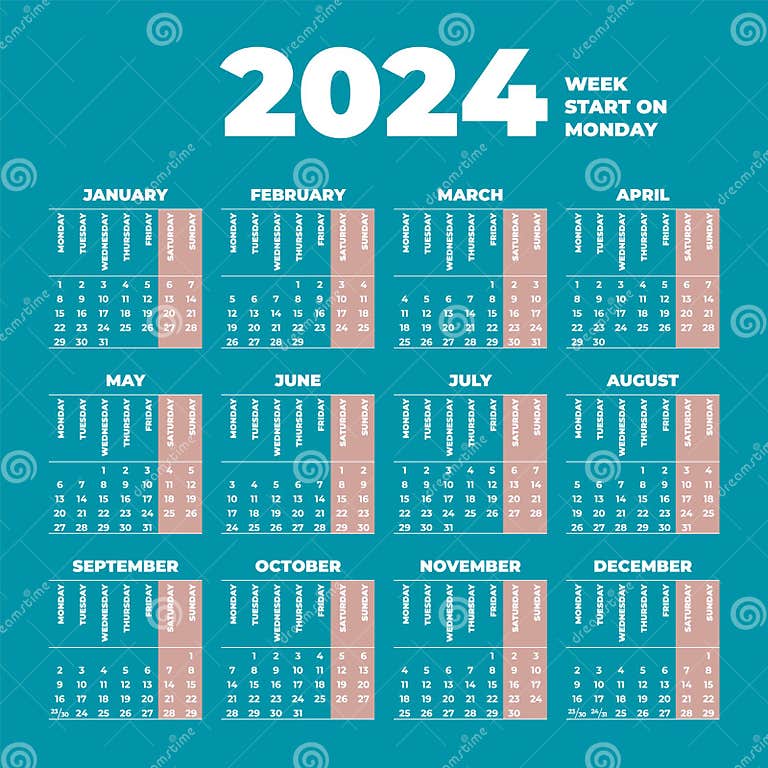 2024 Calendar Template with Weeks Start on Monday Stock Illustration