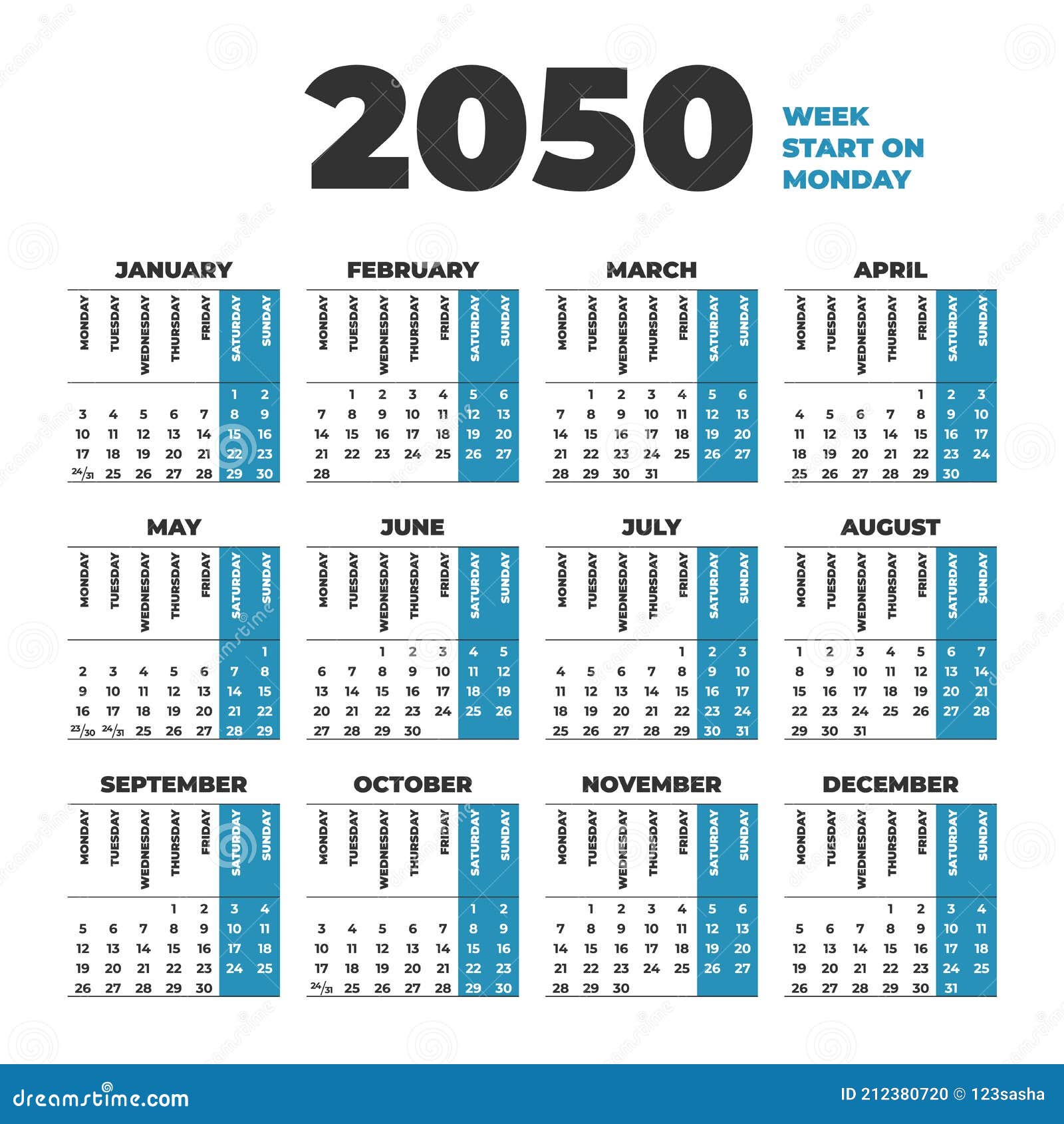 2050 Calendar Template with Weeks Start on Monday Stock Illustration -  Illustration of year, business: 212380720