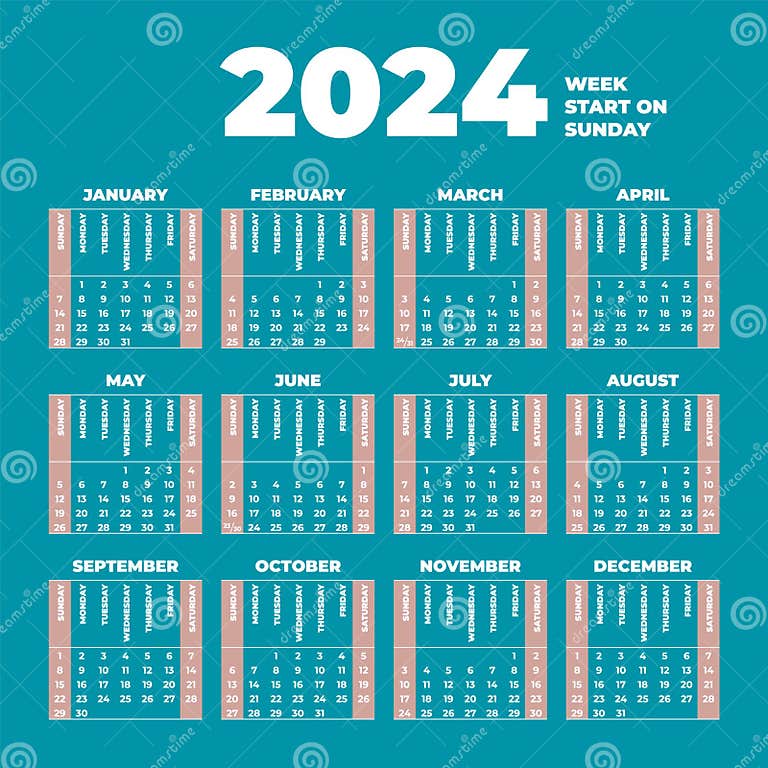 2025 Calendar Template with Weeks Start on Sunday Stock Vector