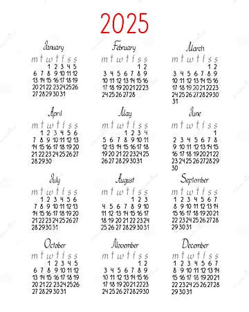 Calendar Template Year 2025 in Simple Minimalist Style, Week Starts on ...