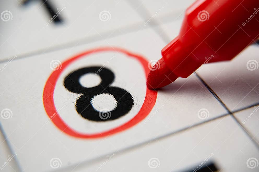 The Calendar 8th Day of the Month is Circled. a Red Marker Circles the Eighth Day of the Month