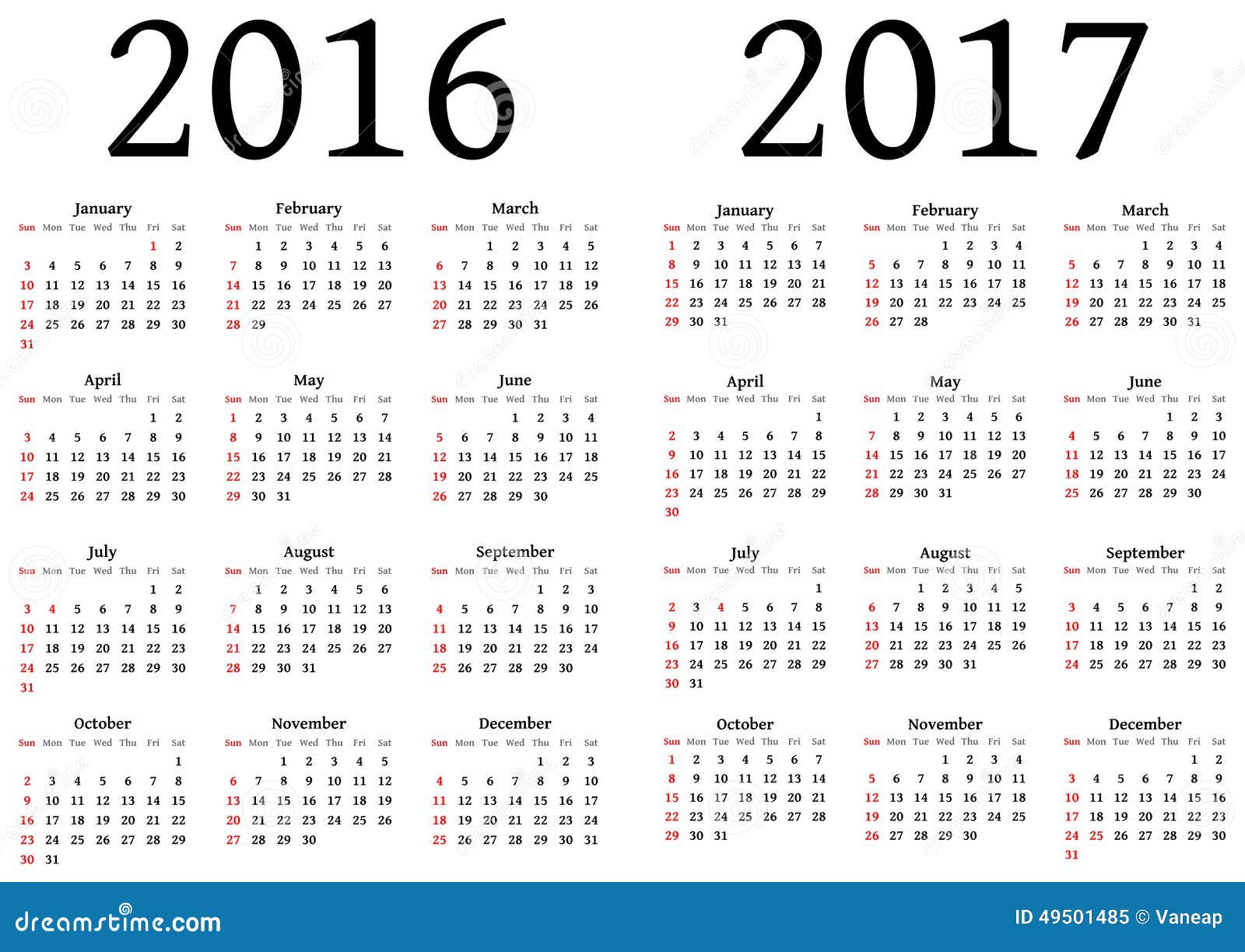 Calendar for 2016 and 2017 stock Illustration of size - 49501485