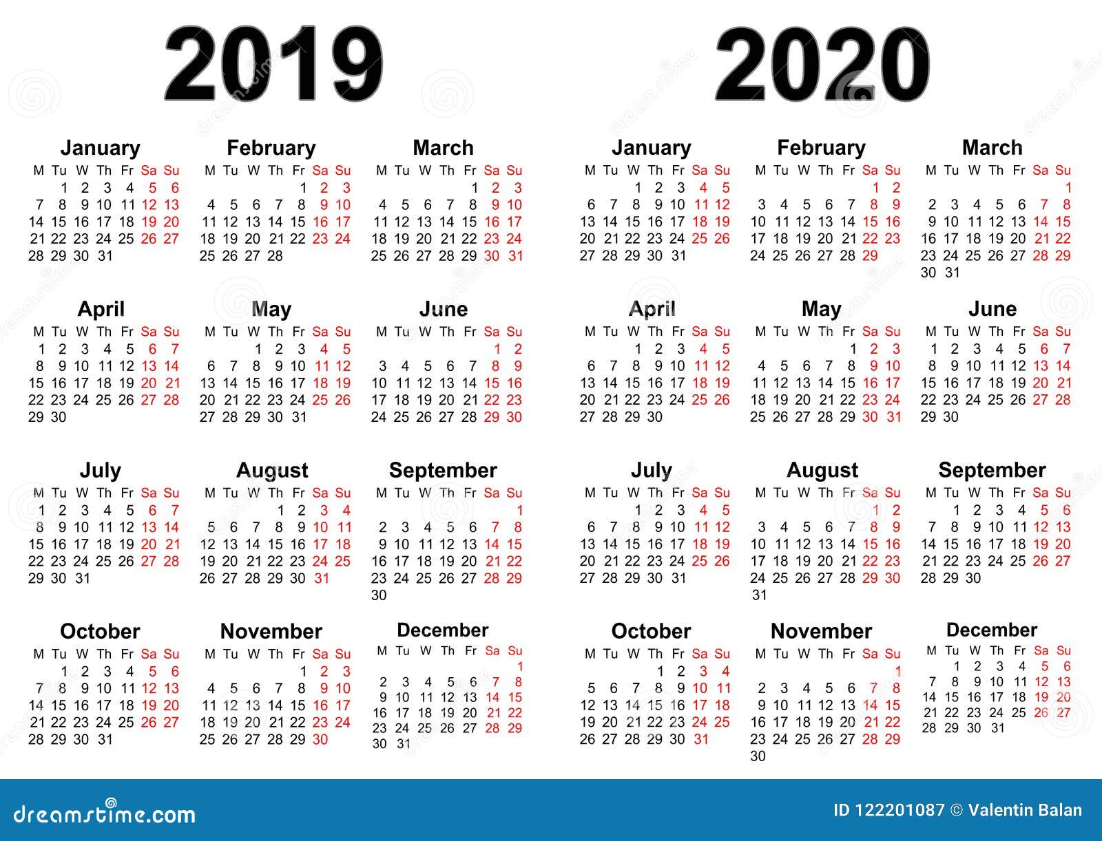 Calendar for 2019 and 2020 stock vector. Illustration of