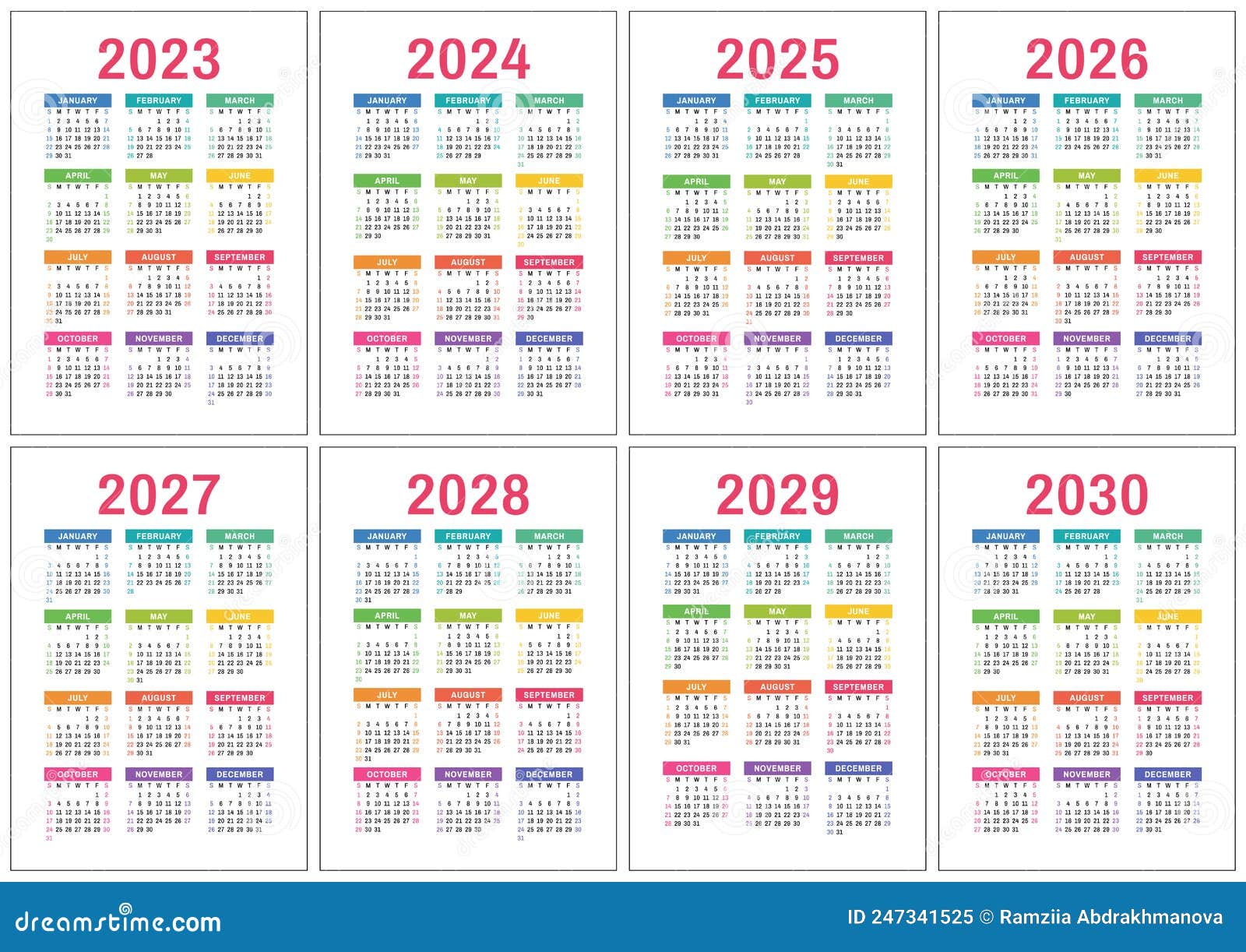 Calendar 2023, 2024 To 2030. Colorful Vector Pocket Calender Design