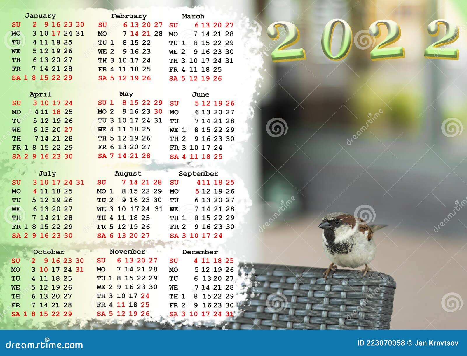 Calendar For 2022 With Us Holidays Calendar With A Picture Of A Sparrow Stock Photo Image Of Date Feathered 223070058