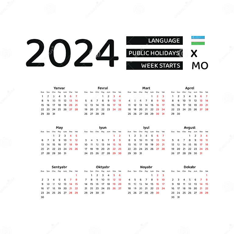 Calendar 2024 Uzbek Language with Uzbekistan Public Holidays. Week