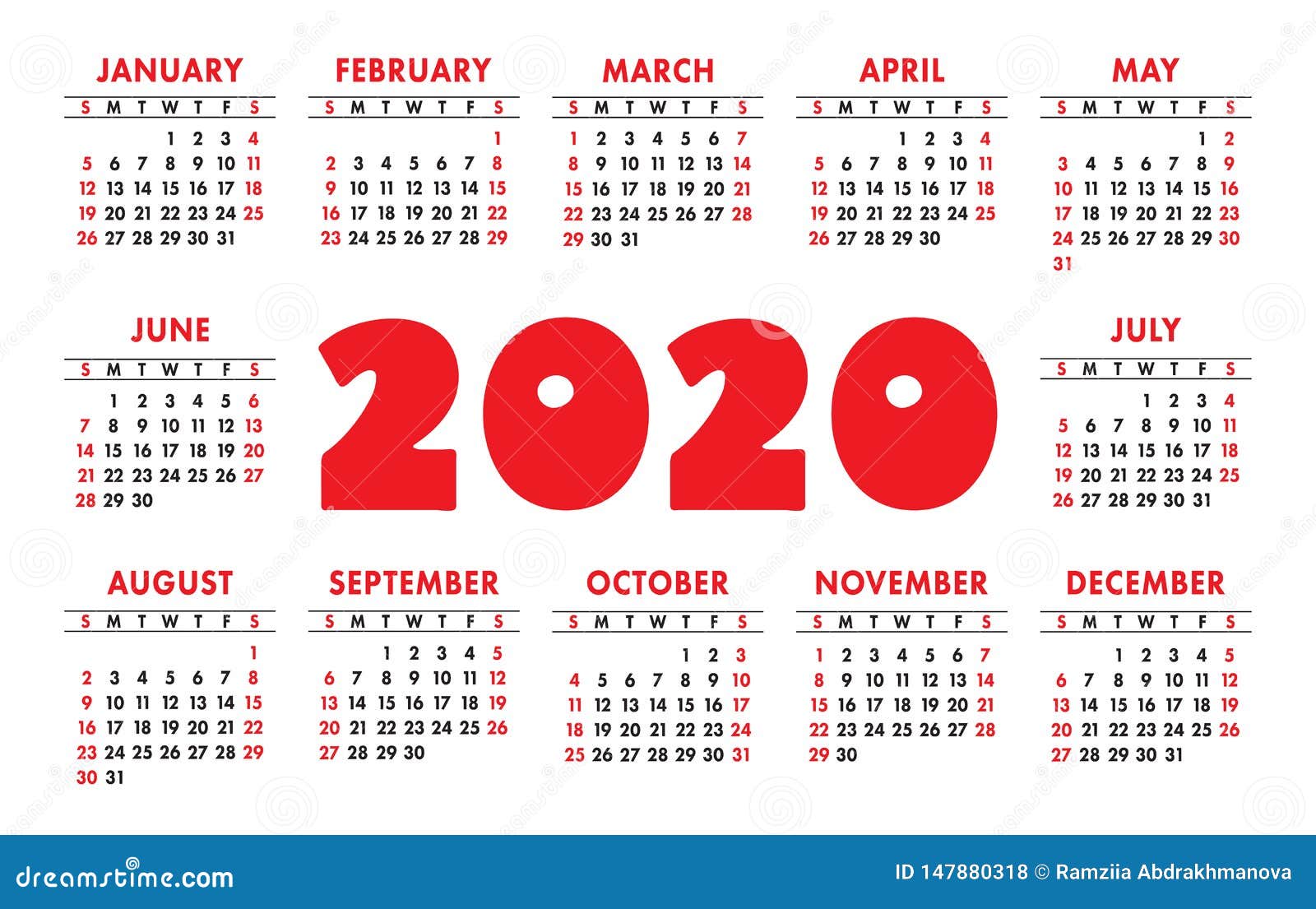 Calendar 2020 Vector Grid English Template Kids Design