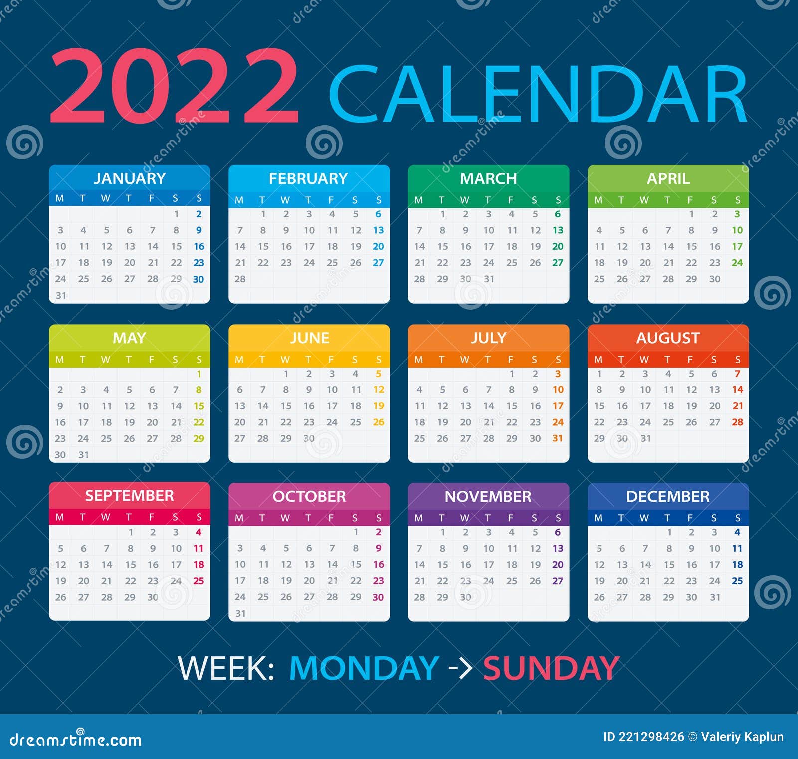 2022 Calendar - Vector Illustration, Week Starts On Monday. Translation: Calendar. Names Of Months. Names Of Days. January, Stock Vector - Illustration Of Flat, Backgrounds: 221298426