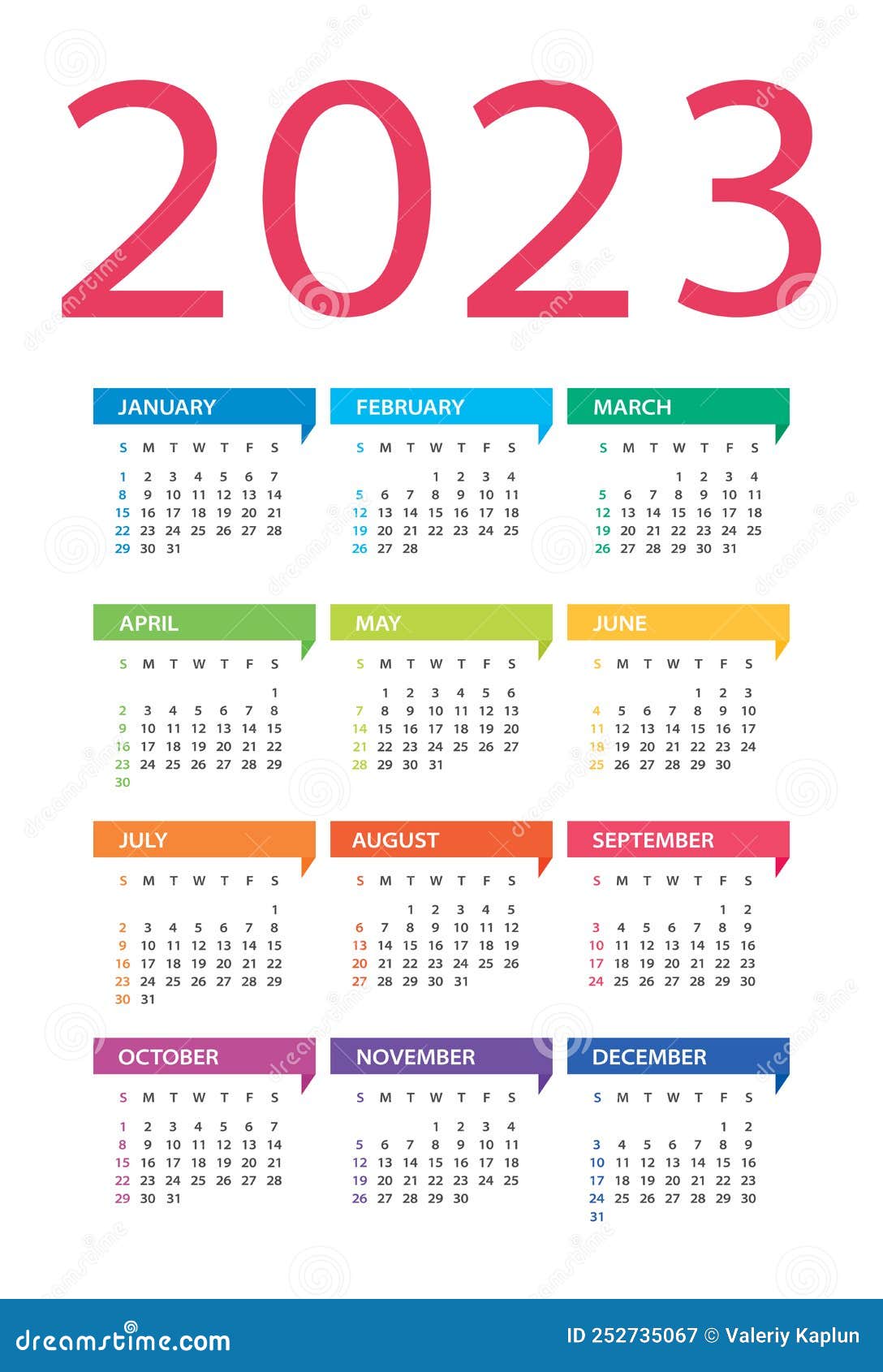 2023 Calendar Vector Illustration Week Starts On Sunday Stock Vector