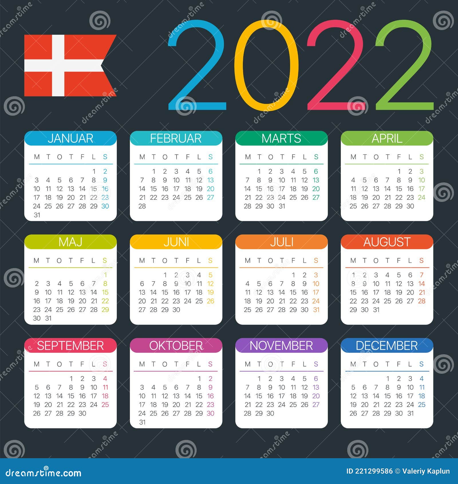 2022 Calendar Vector Template Graphic Illustration Denmark Version