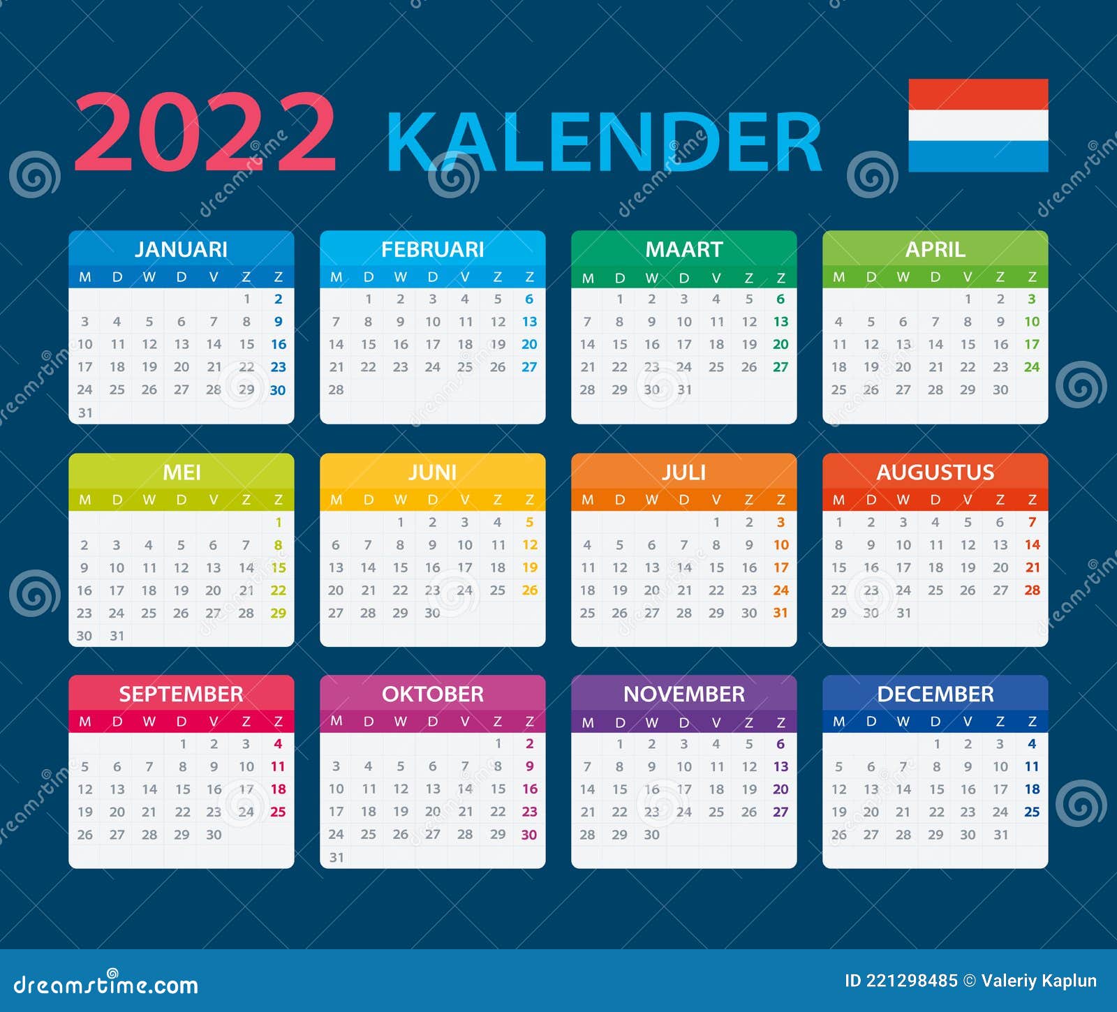 2022 Calendar - Vector Template Graphic Illustration - Netherlands Version. Translation: Calendar. Names Of Months. Names Of Days Stock Vector - Illustration Of Horizontal, April: 221298485