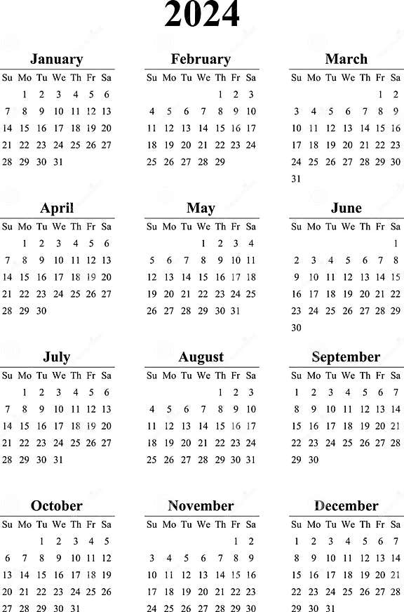 Calendar 2024 Vector Template Layout Vector Image. 2024 Yearly English