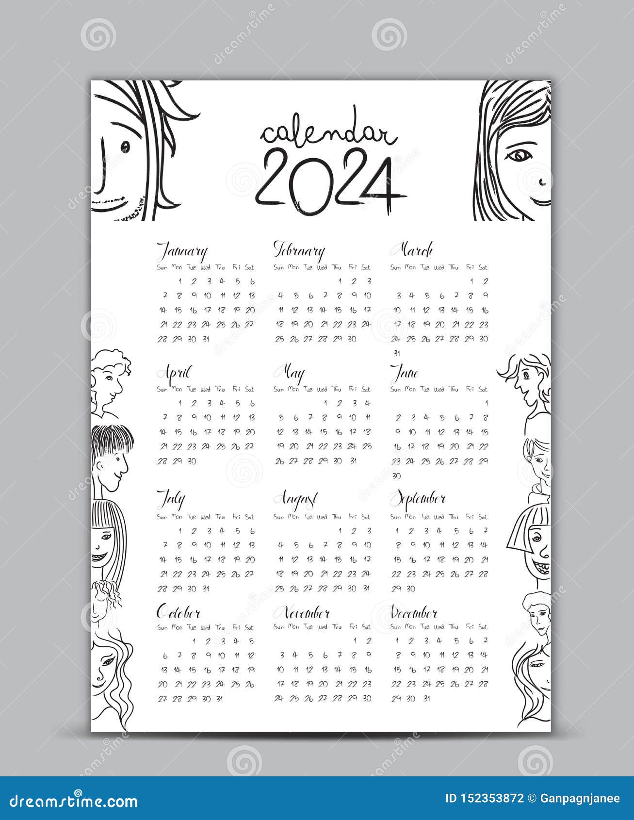 Calendar 2024 Vector Template, Lettering Calendar, Hand-drawn Cartoon