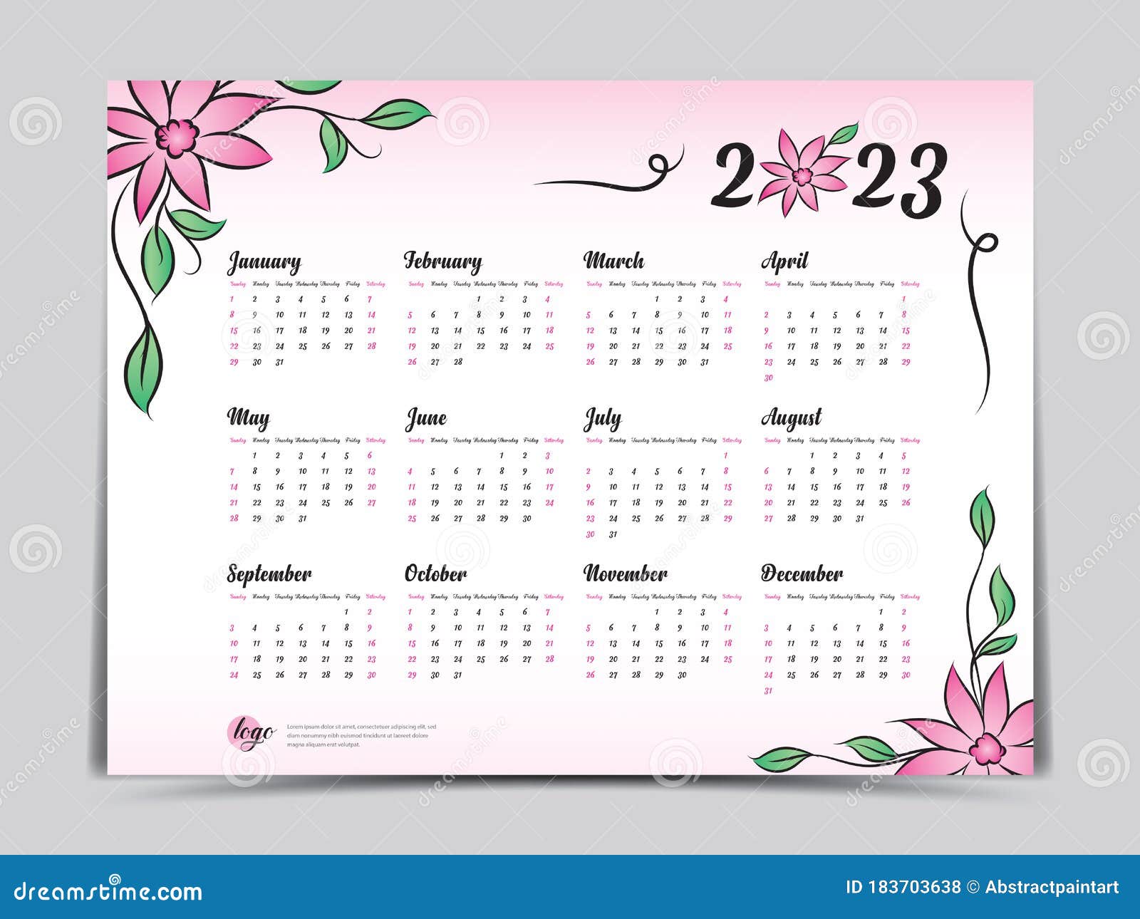 Calendar 2023 Vector Template, Simple Minimal Design, Yearly Calendar