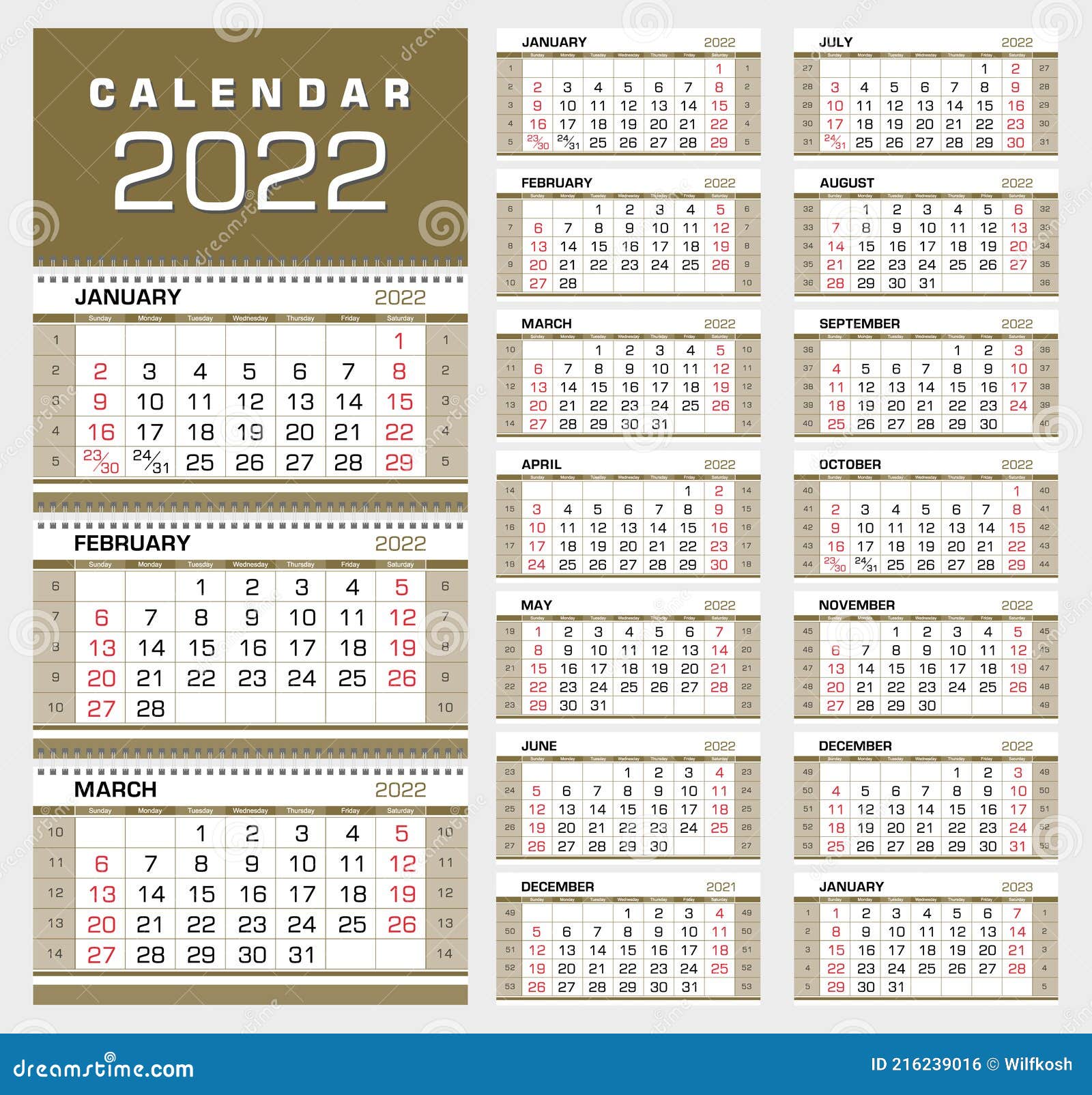 Calendar 2022. Wall Quarterly Calendar With Week Numbers. Week Start From Sunday. Ready For Print, Color - Black, Red, Gold. Stock Vector - Illustration Of Gold, Date: 216239016