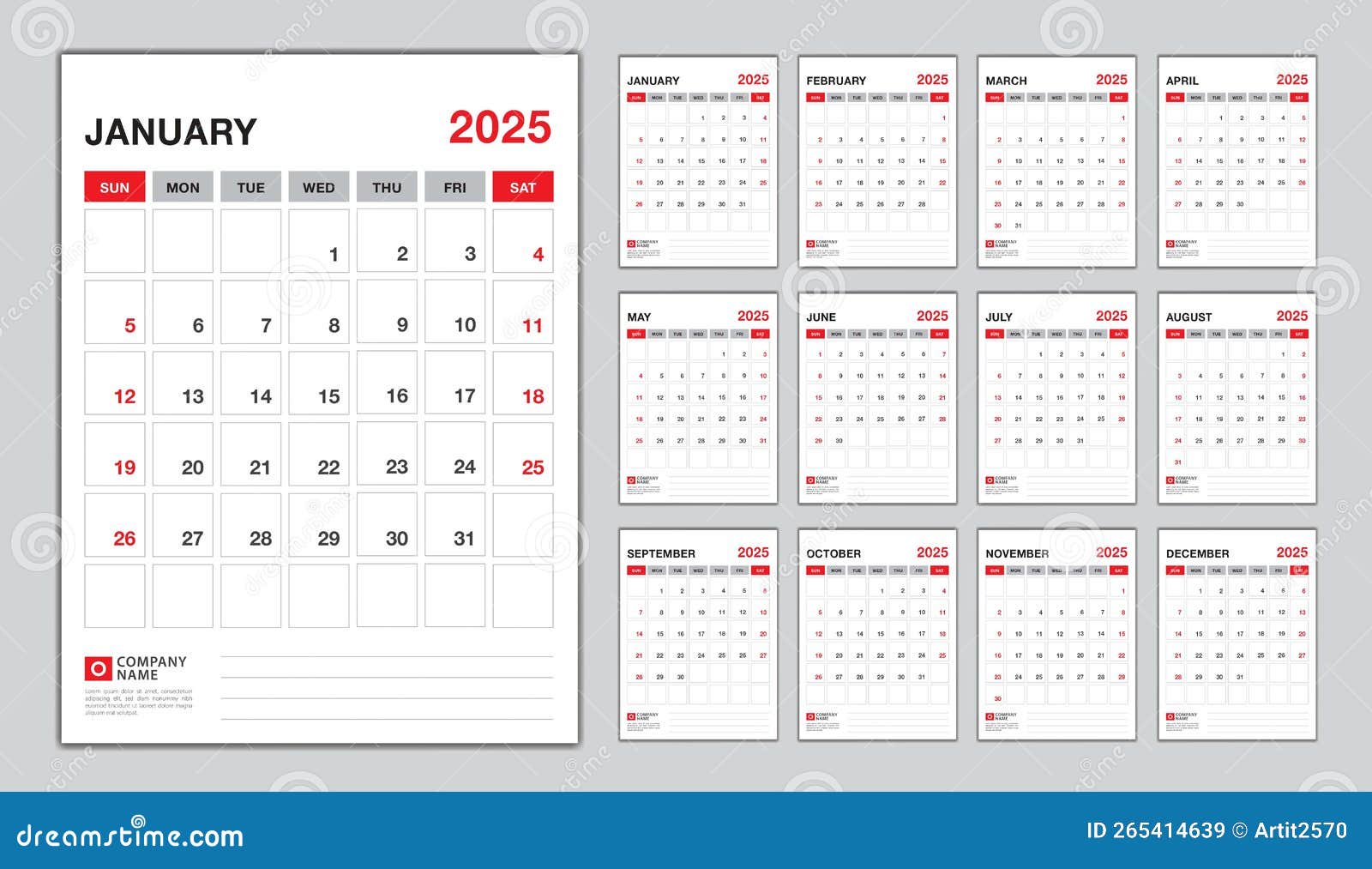 Calendar 2025 Week Start Sunday, Desk Calendar 2025 Design Vector, Set