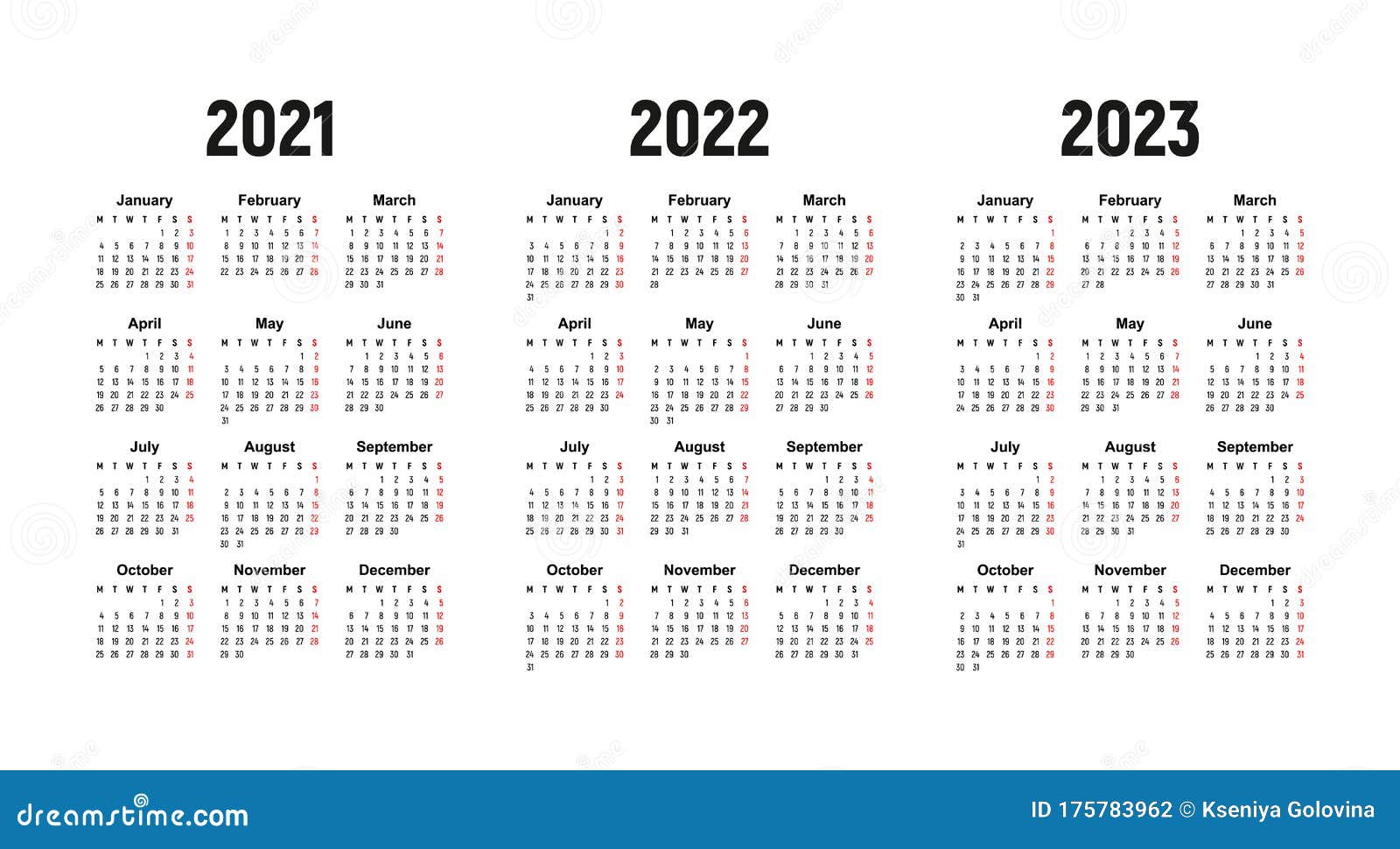 Calendar 2021 2022 And 2023 Week Starts On Monday Basic Business