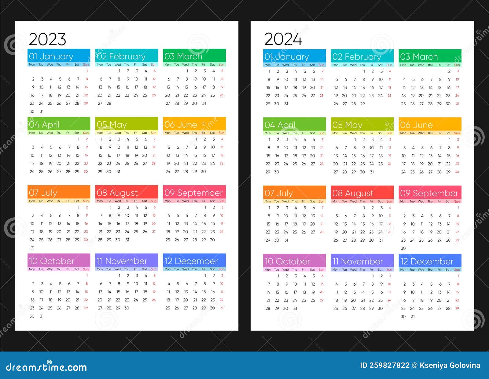 Calendar 2023 and 2024, Week Starts on Monday, Basic Business Template