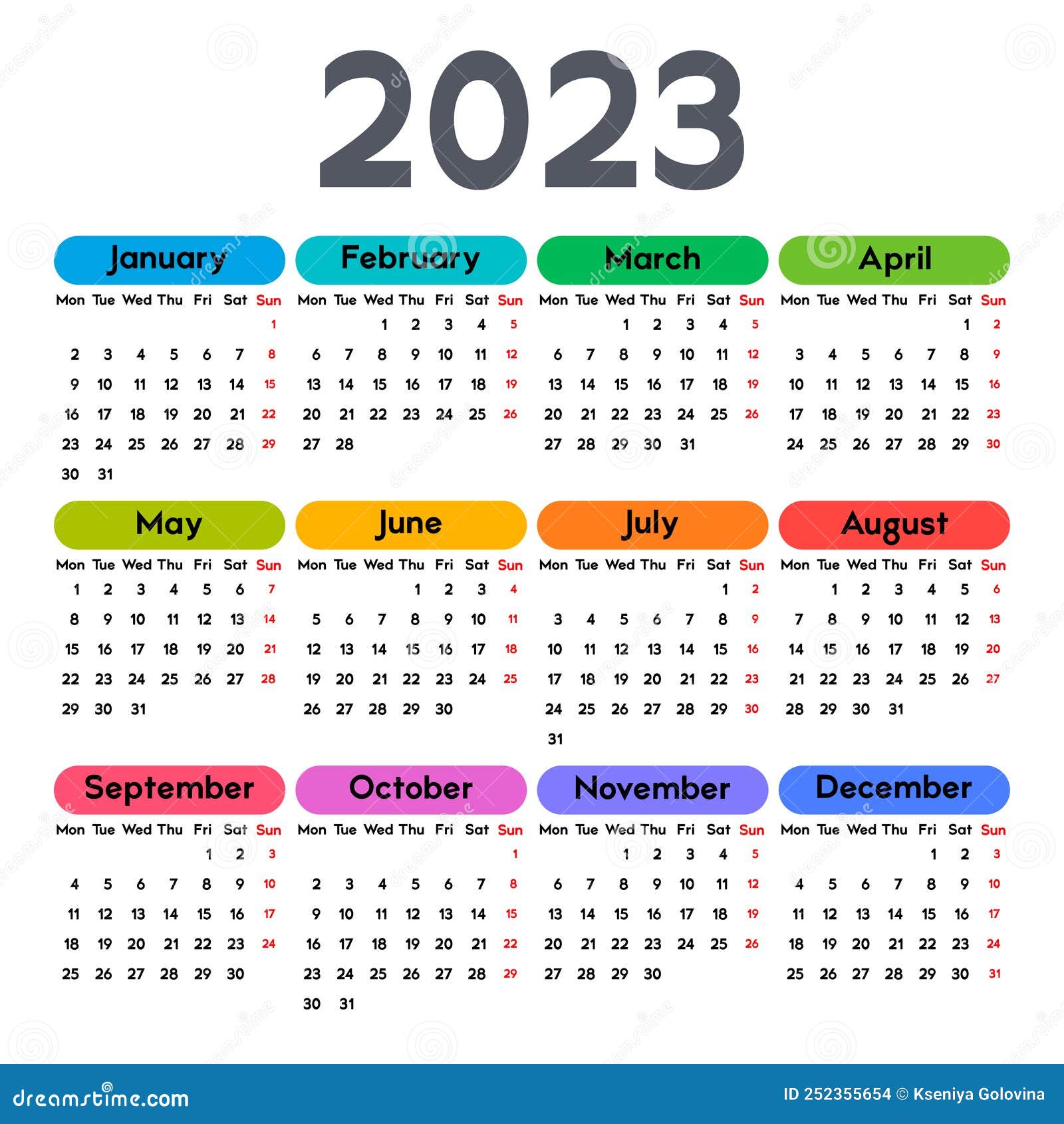 Calendar 2023, Week Starts on Monday, Basic Template with a Bright