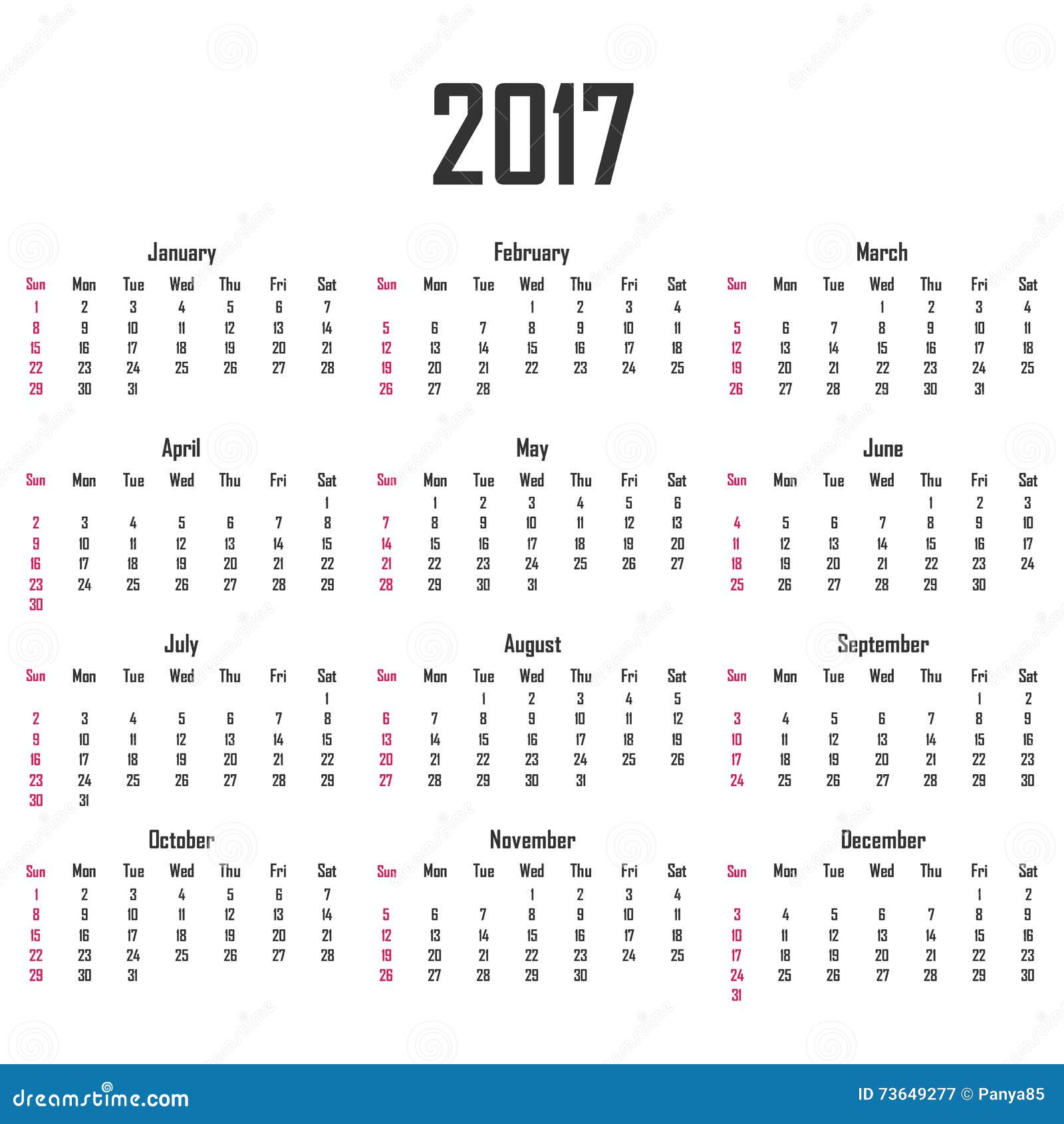 hoesten hoog Schat Calendar for 2017. Week Starts on Sunday. Stock Vector - Illustration of  agenda, number: 73649277